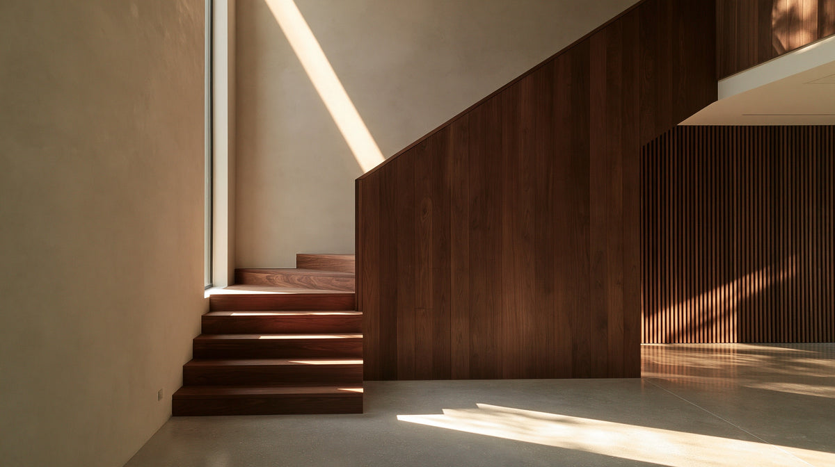 Walnut staircase in a greige plaster stair hall with afternoon light