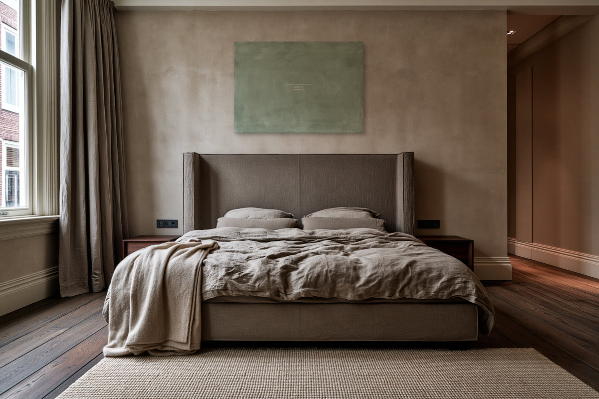 Sage from House of Grace, Christian canvas art with Romans 8:31, above a linen bed in an Amsterdam bedroom