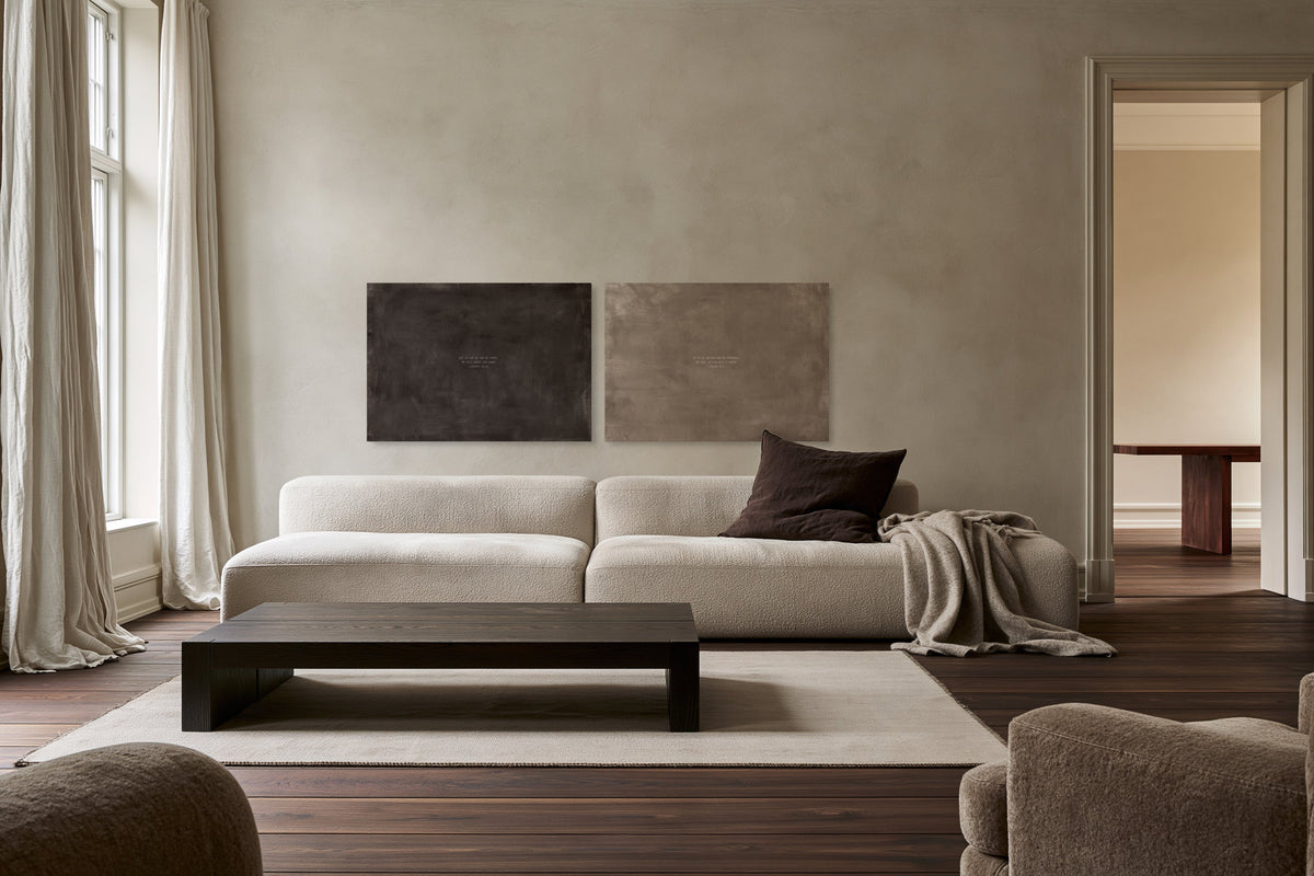 Charcoal Brown and Taupe from House of Grace, Christian canvas art with Joshua 24:15 and Psalm 91:2, above a boucle sofa