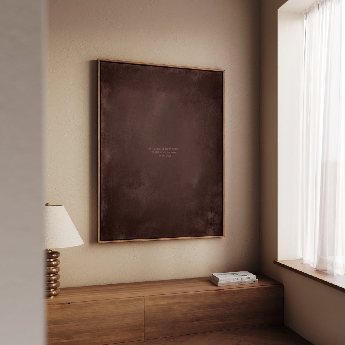Dusty Mauve abstract Christian wall art print by AENON HOME fine art print, styled in a modern living room