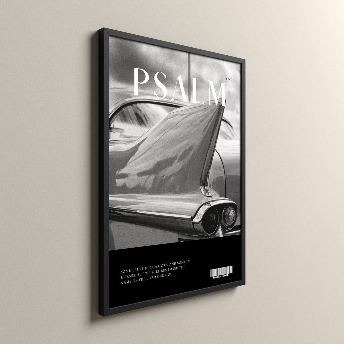 Chariots, Psalm 20:7, Scripture art print in a black frame
