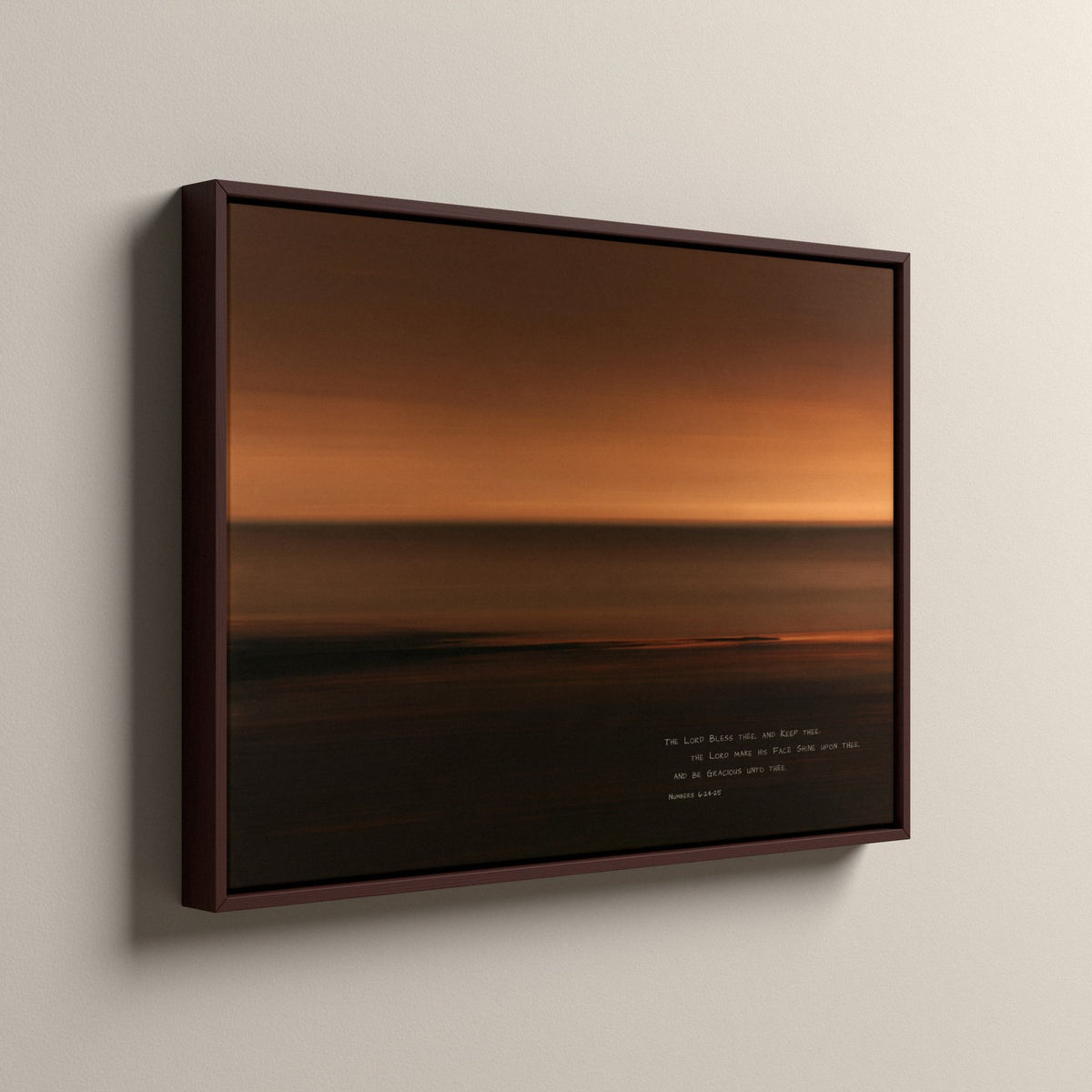 Amber, Numbers 6:24-25 scripture canvas art in a walnut floating frame, side view