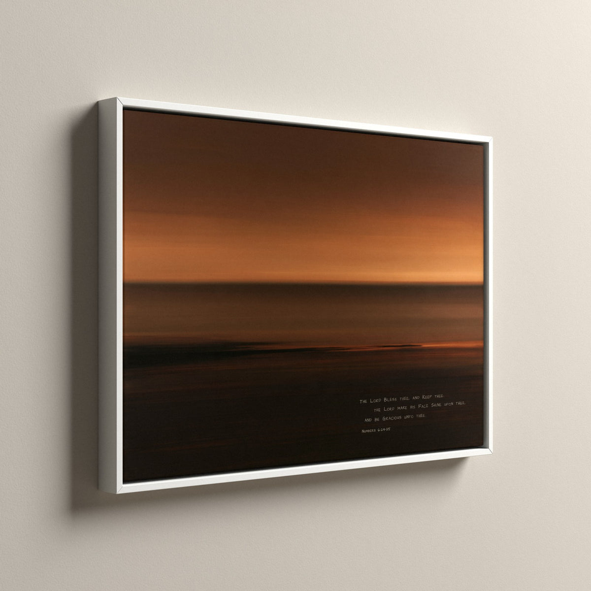 Amber, Numbers 6:24-25 scripture canvas art in a white floating frame, side view