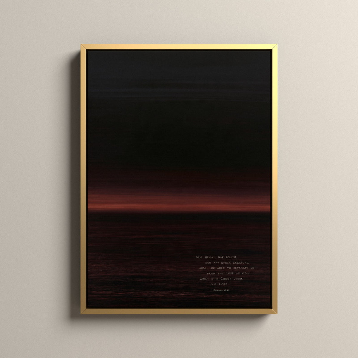 Claret, Romans 8:39 scripture canvas art in a gold floating frame
