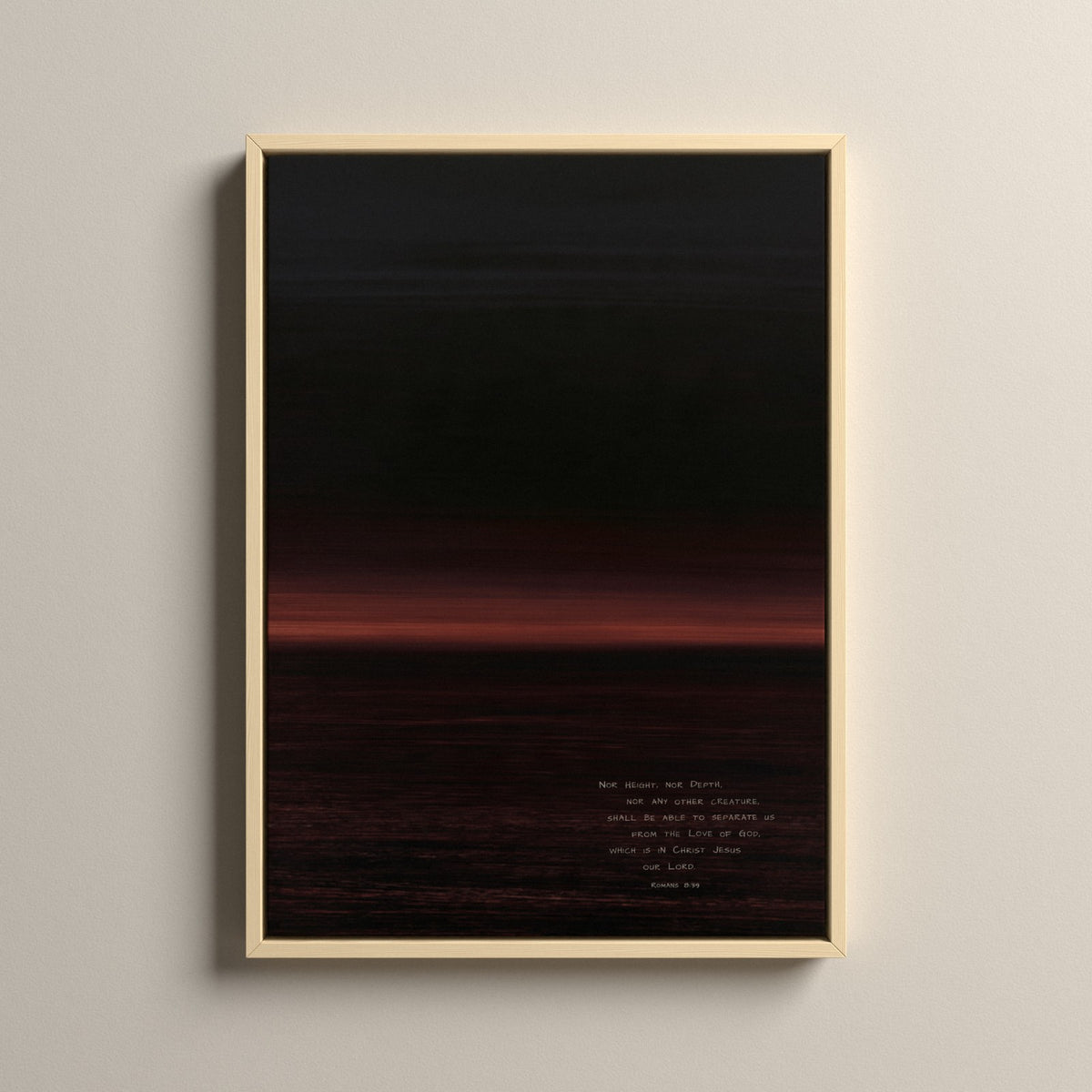 Claret, Romans 8:39 scripture canvas art in a natural floating frame