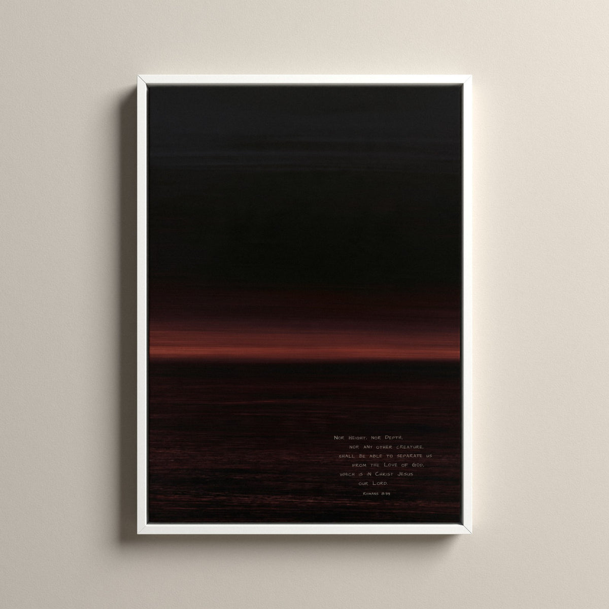 Claret, Romans 8:39 scripture canvas art in a white floating frame