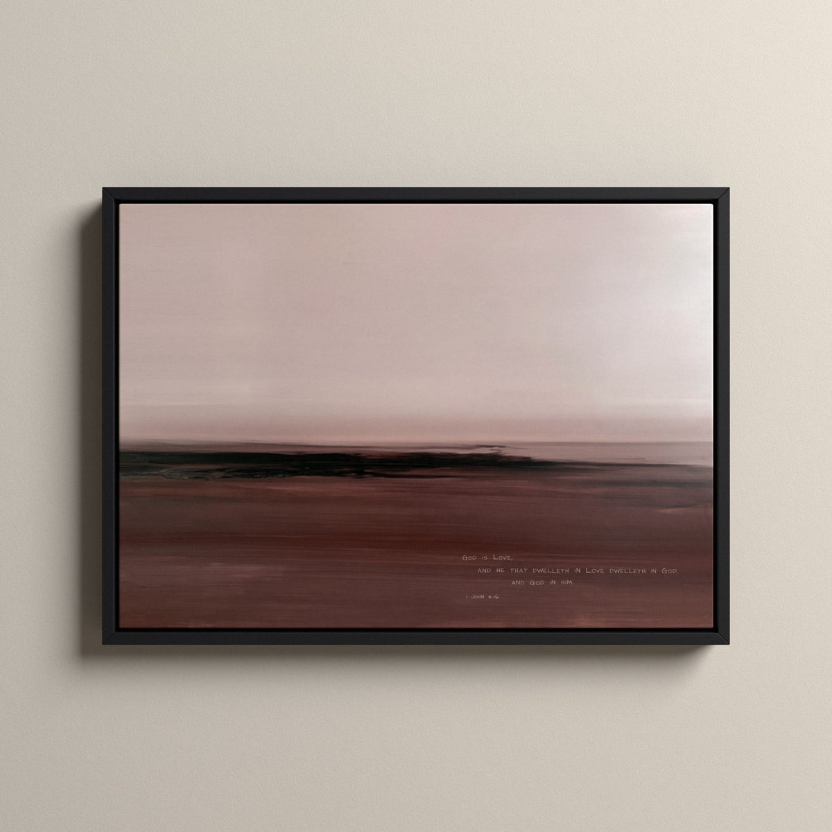 Dusk, 1 John 4:16 scripture canvas art in a black floating frame