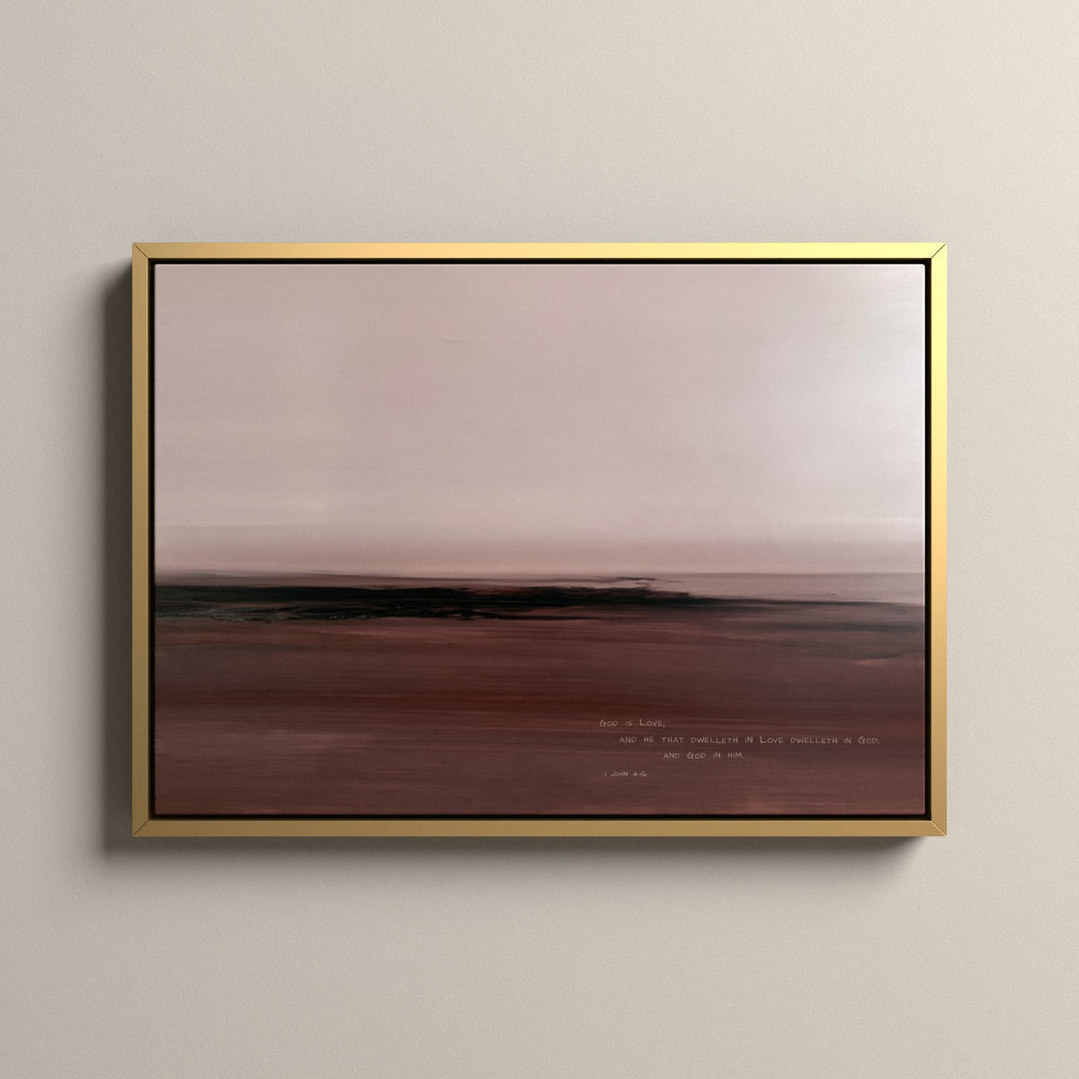 Dusk, 1 John 4:16 scripture canvas art in a gold floating frame