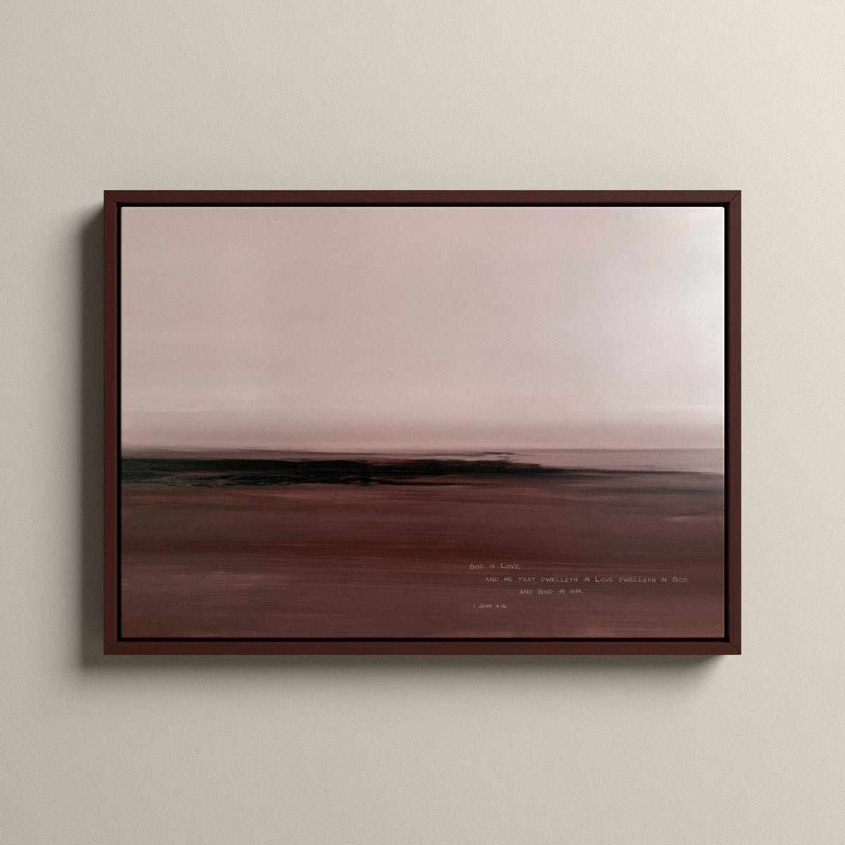 Dusk, 1 John 4:16 scripture canvas art in a walnut floating frame