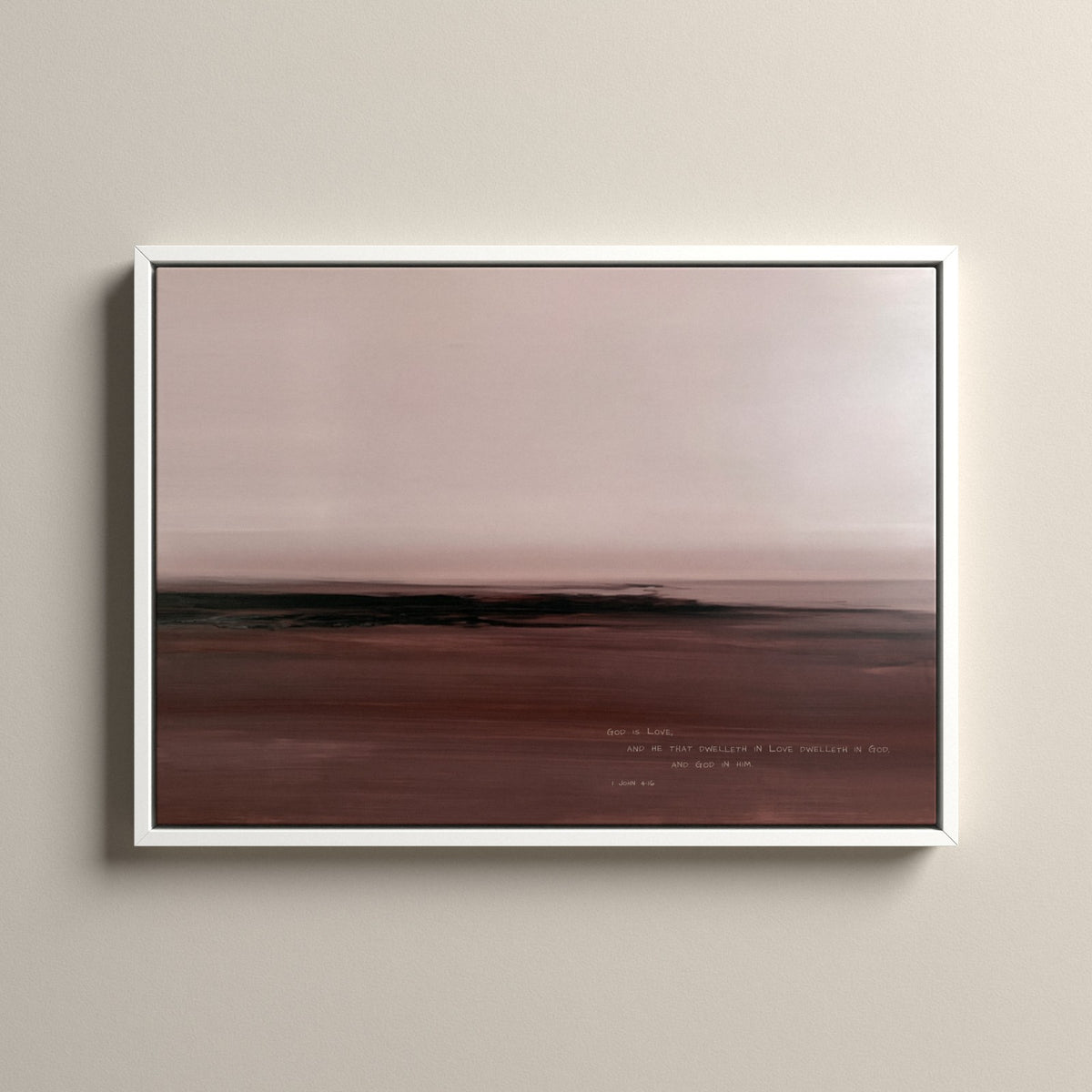 Dusk, 1 John 4:16 scripture canvas art in a white floating frame