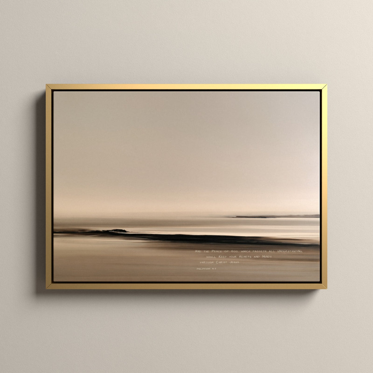 Ebb, Philippians 4:7 scripture canvas art in a gold floating frame
