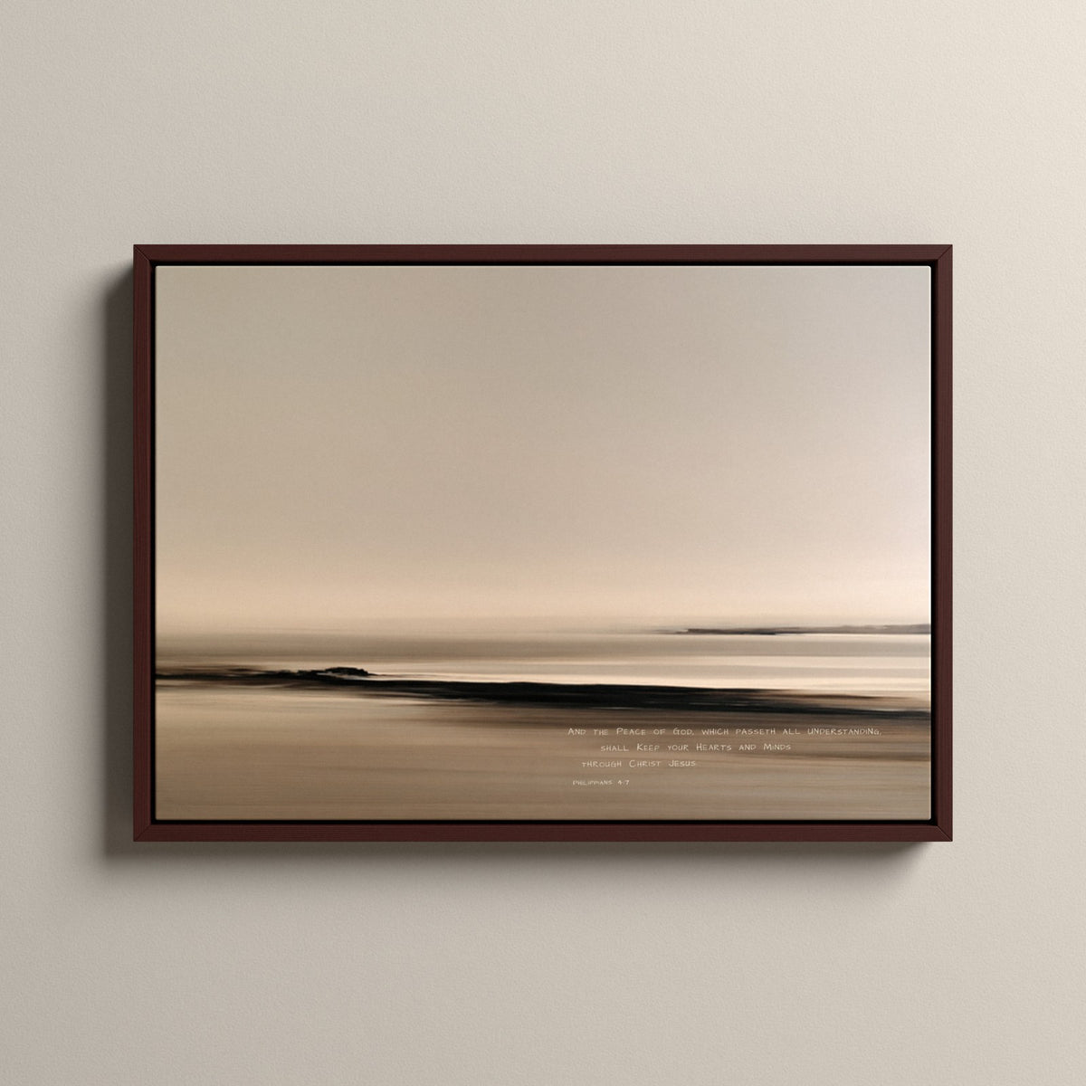 Ebb, Philippians 4:7 scripture canvas art in a walnut floating frame