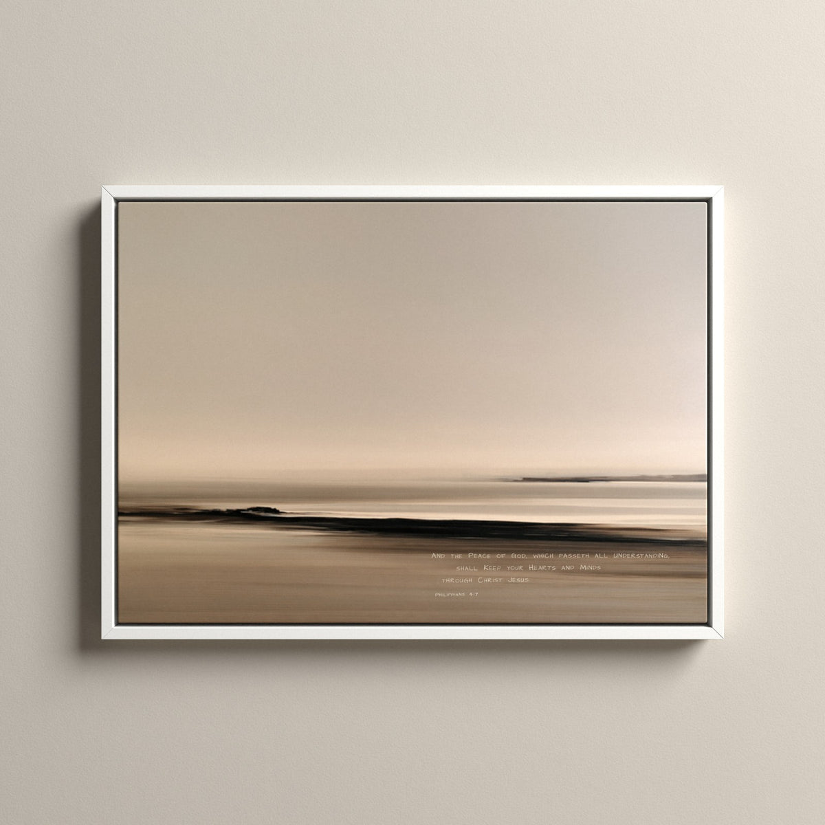 Ebb, Philippians 4:7 scripture canvas art in a white floating frame
