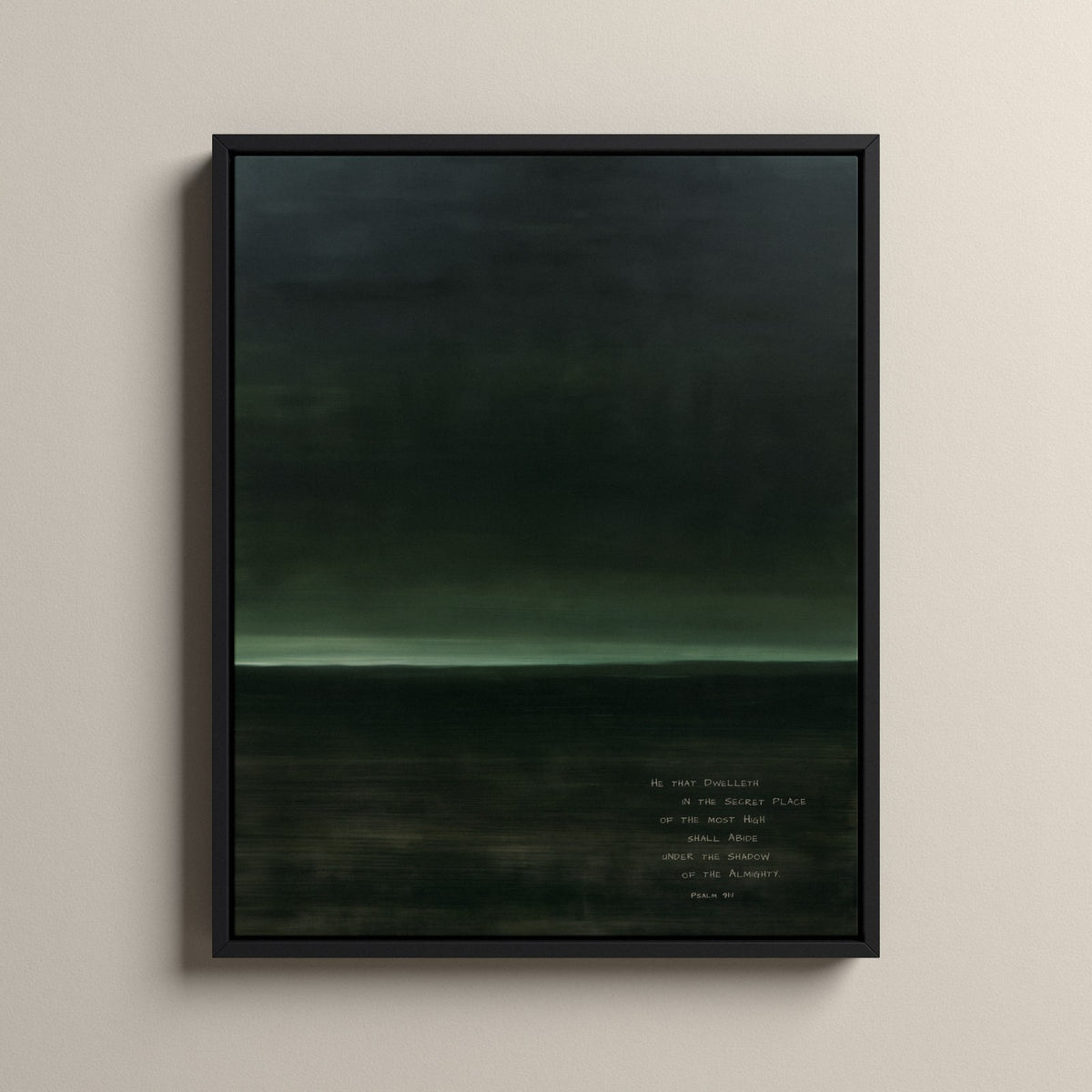 Haven, Psalm 91:1 scripture canvas art in a black floating frame