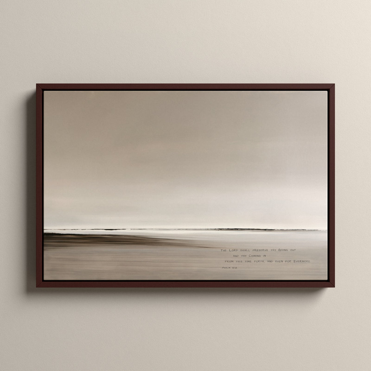 Haze, Psalm 121:8 scripture canvas art in a walnut floating frame