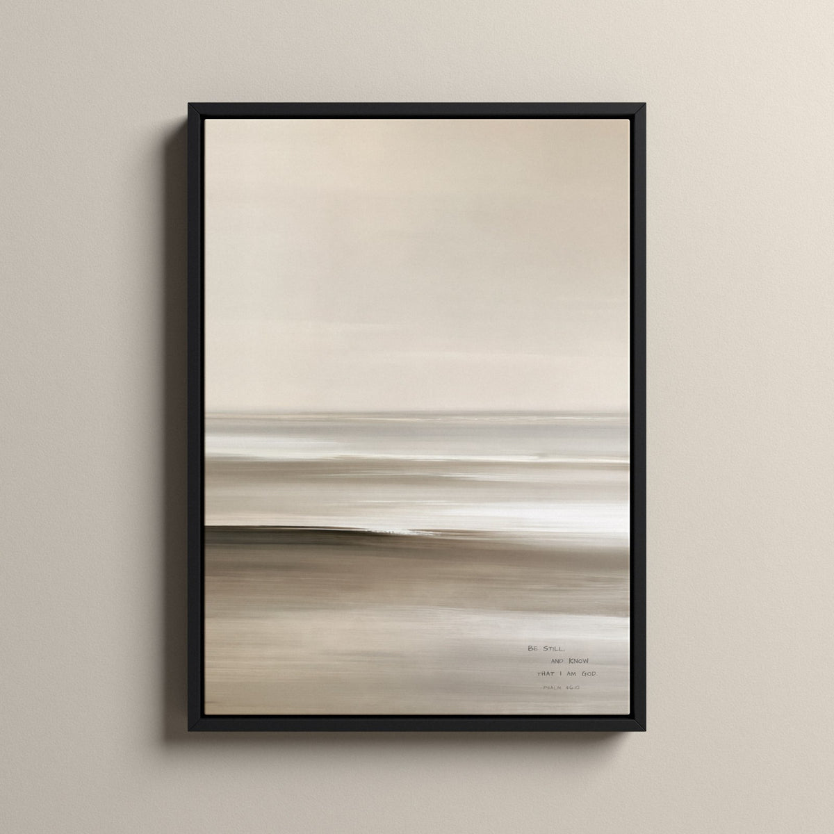 Linen, Psalm 46:10 scripture canvas art in a black floating frame