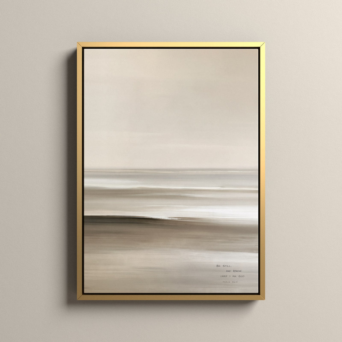 Linen, Psalm 46:10 scripture canvas art in a gold floating frame