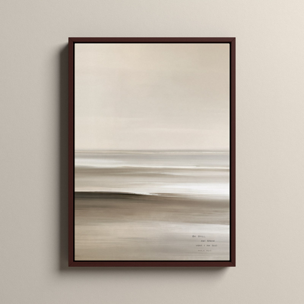 Linen, Psalm 46:10 scripture canvas art in a walnut floating frame