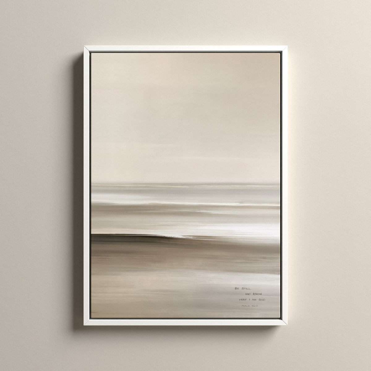 Linen, Psalm 46:10 scripture canvas art in a white floating frame