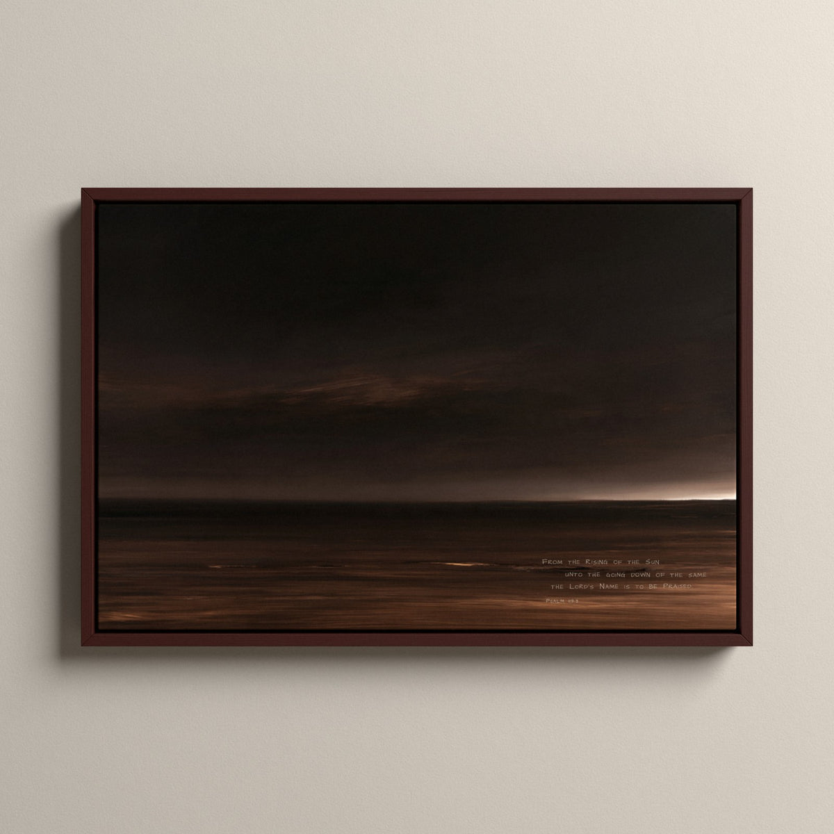 Nightfall, Psalm 113:3 scripture canvas art in a walnut floating frame