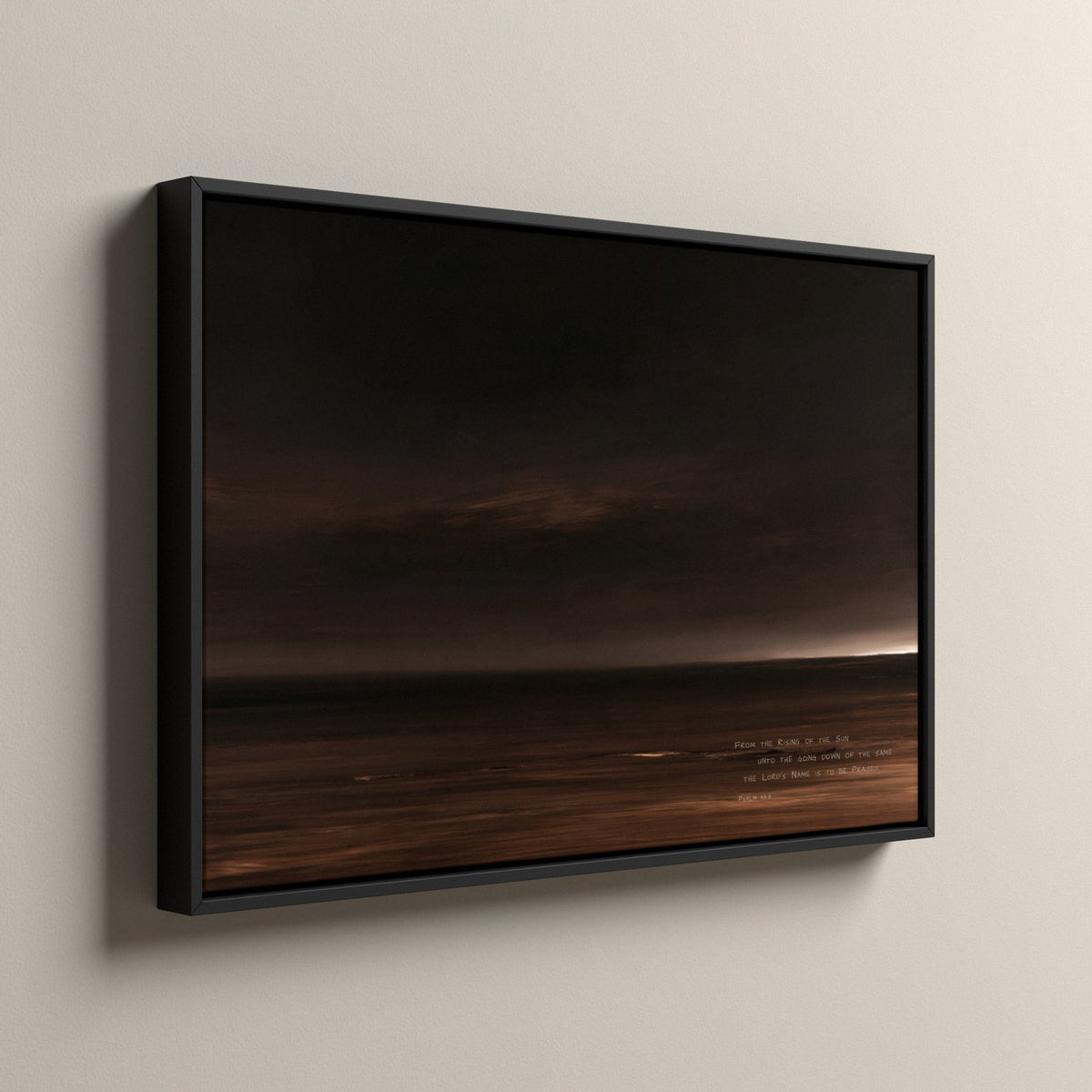 Nightfall, Psalm 113:3 scripture canvas art in a black floating frame, side view