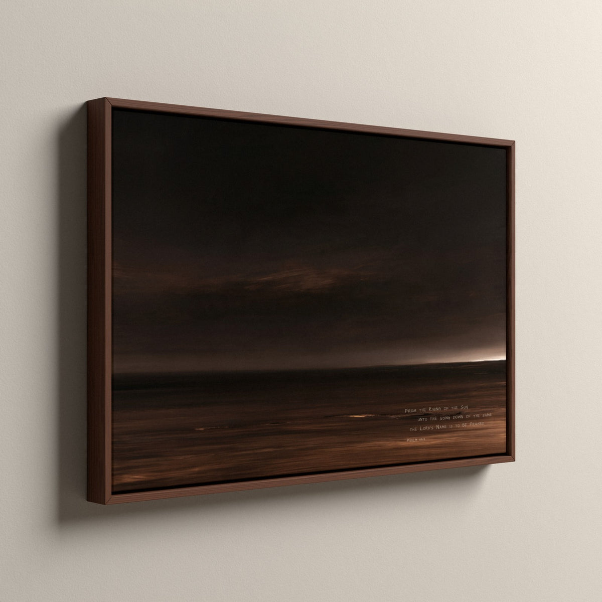 Nightfall, Psalm 113:3 scripture canvas art in an espresso floating frame, side view