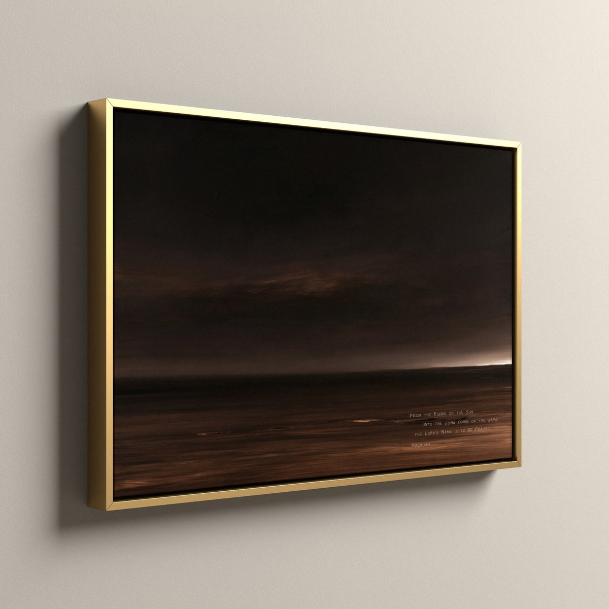 Nightfall, Psalm 113:3 scripture canvas art in a gold floating frame, side view