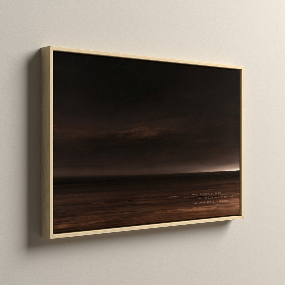 Nightfall, Psalm 113:3 scripture canvas art in a natural floating frame, side view