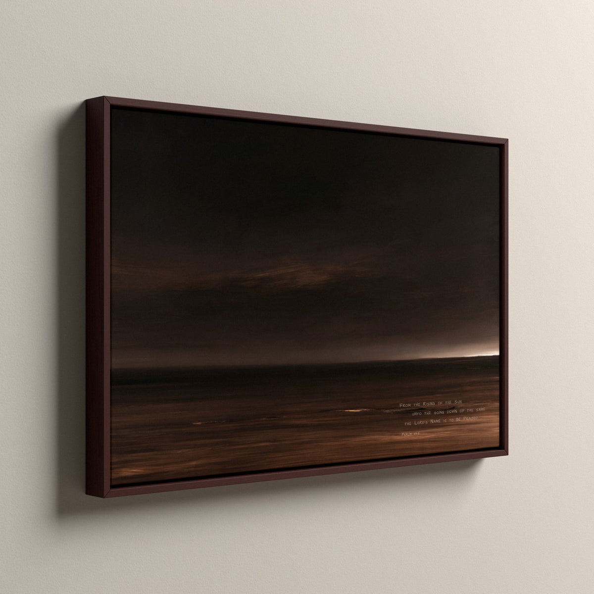 Nightfall, Psalm 113:3 scripture canvas art in a walnut floating frame, side view