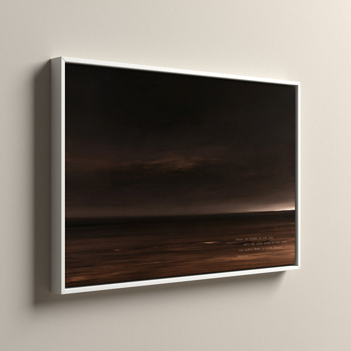 Nightfall, Psalm 113:3 scripture canvas art in a white floating frame, side view