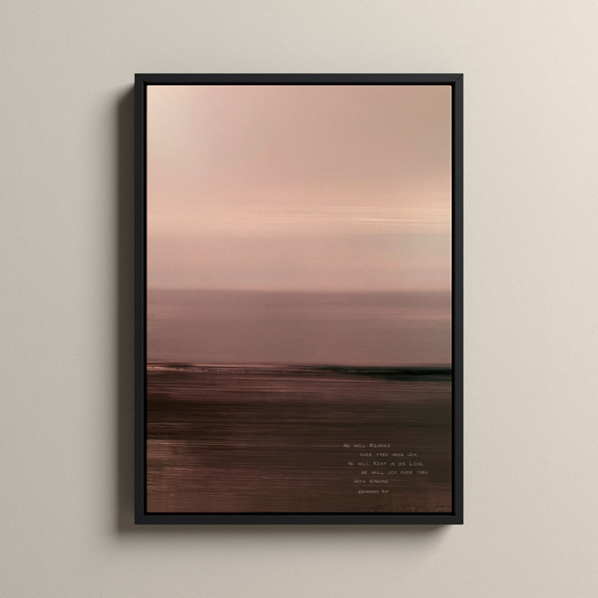 Rosewater, Zephaniah 3:17 scripture canvas art in a black floating frame