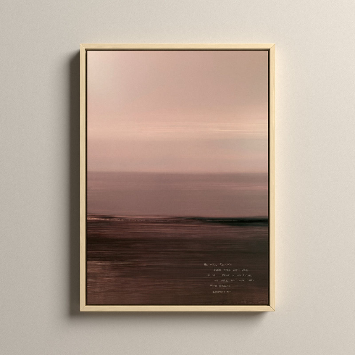 Rosewater, Zephaniah 3:17 scripture canvas art in a natural floating frame