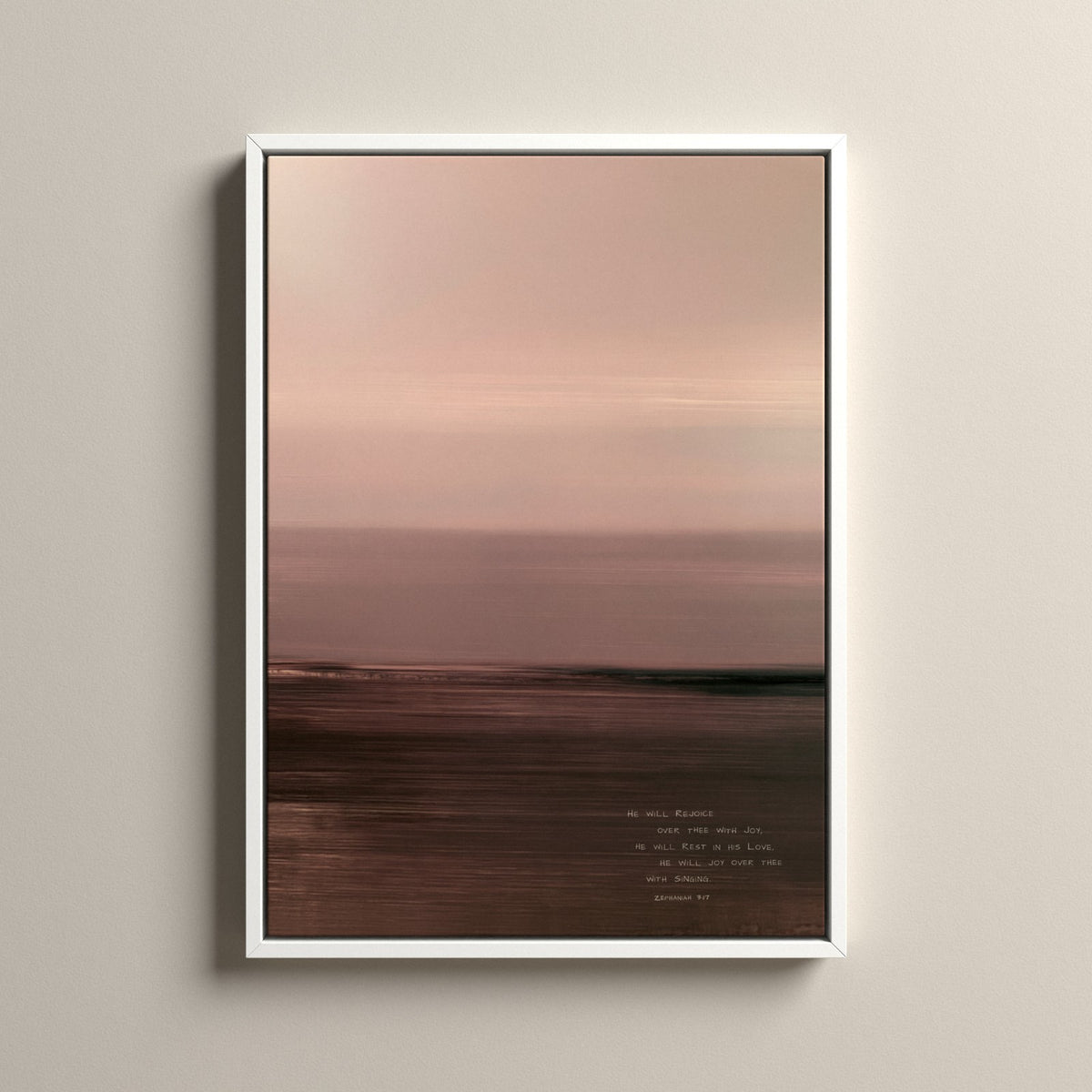 Rosewater, Zephaniah 3:17 scripture canvas art in a white floating frame