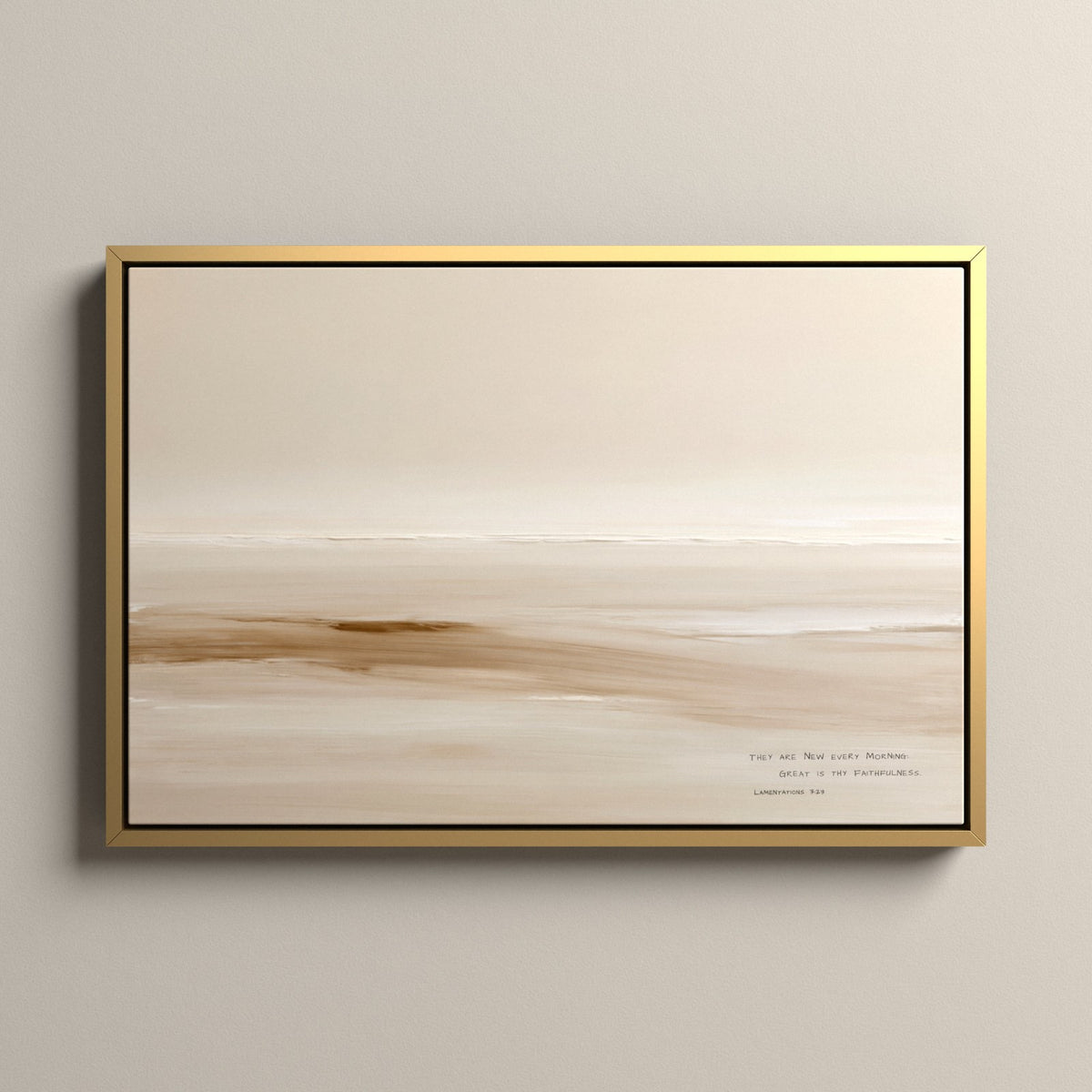 Sand, Lamentations 3:23 scripture canvas art in a gold floating frame