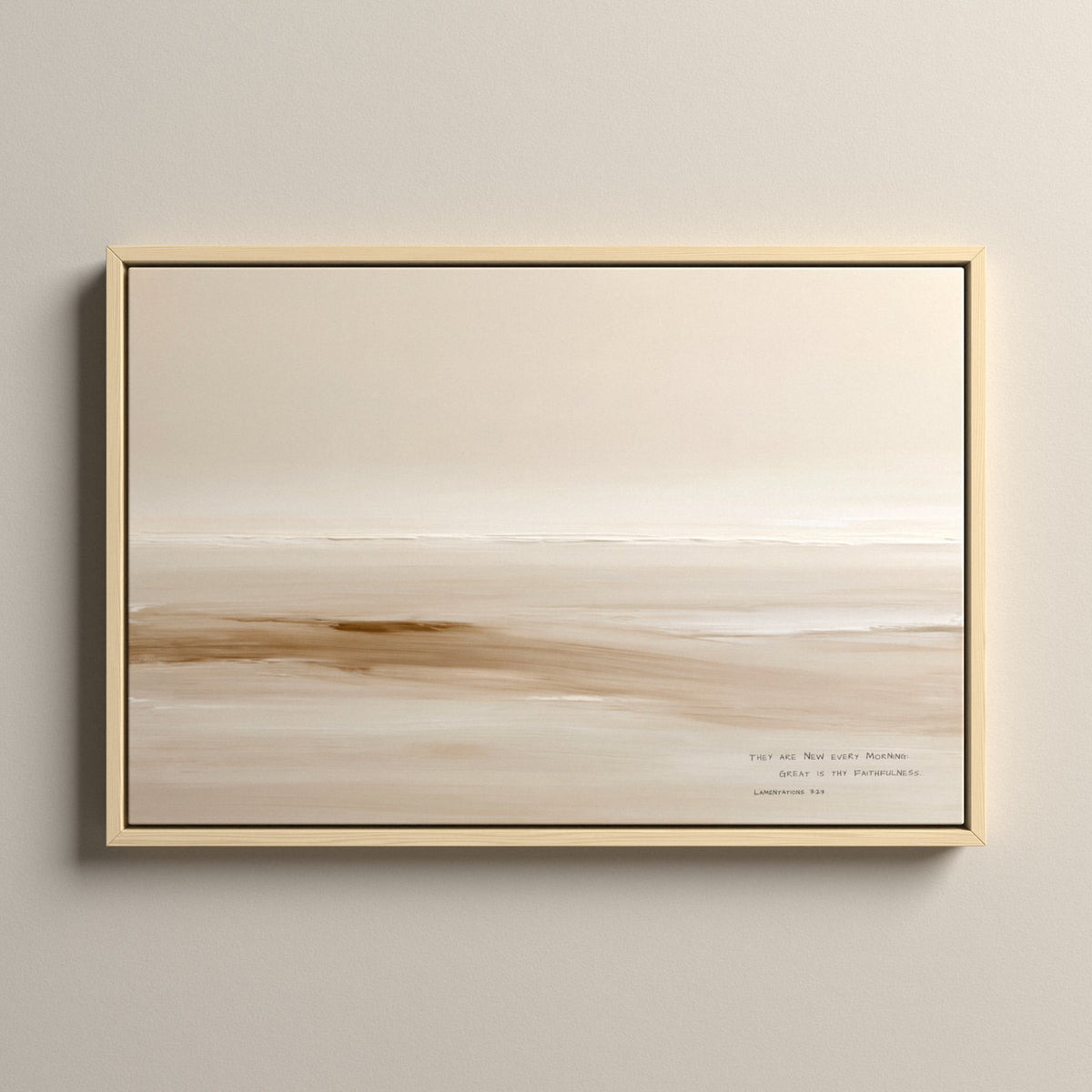 Sand, Lamentations 3:23 scripture canvas art in a natural floating frame