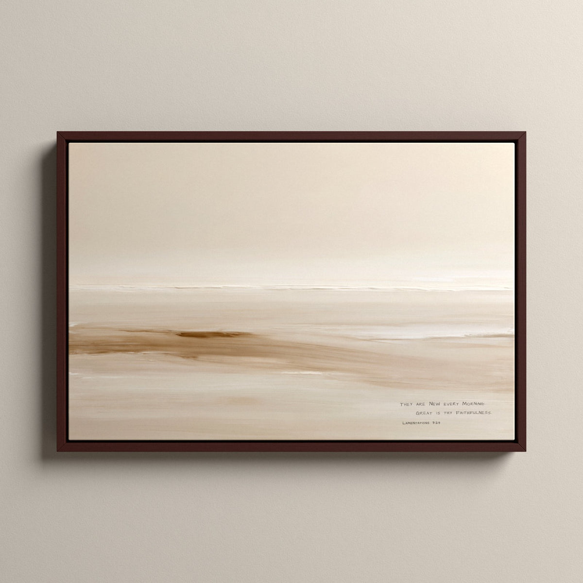 Sand, Lamentations 3:23 scripture canvas art in a walnut floating frame