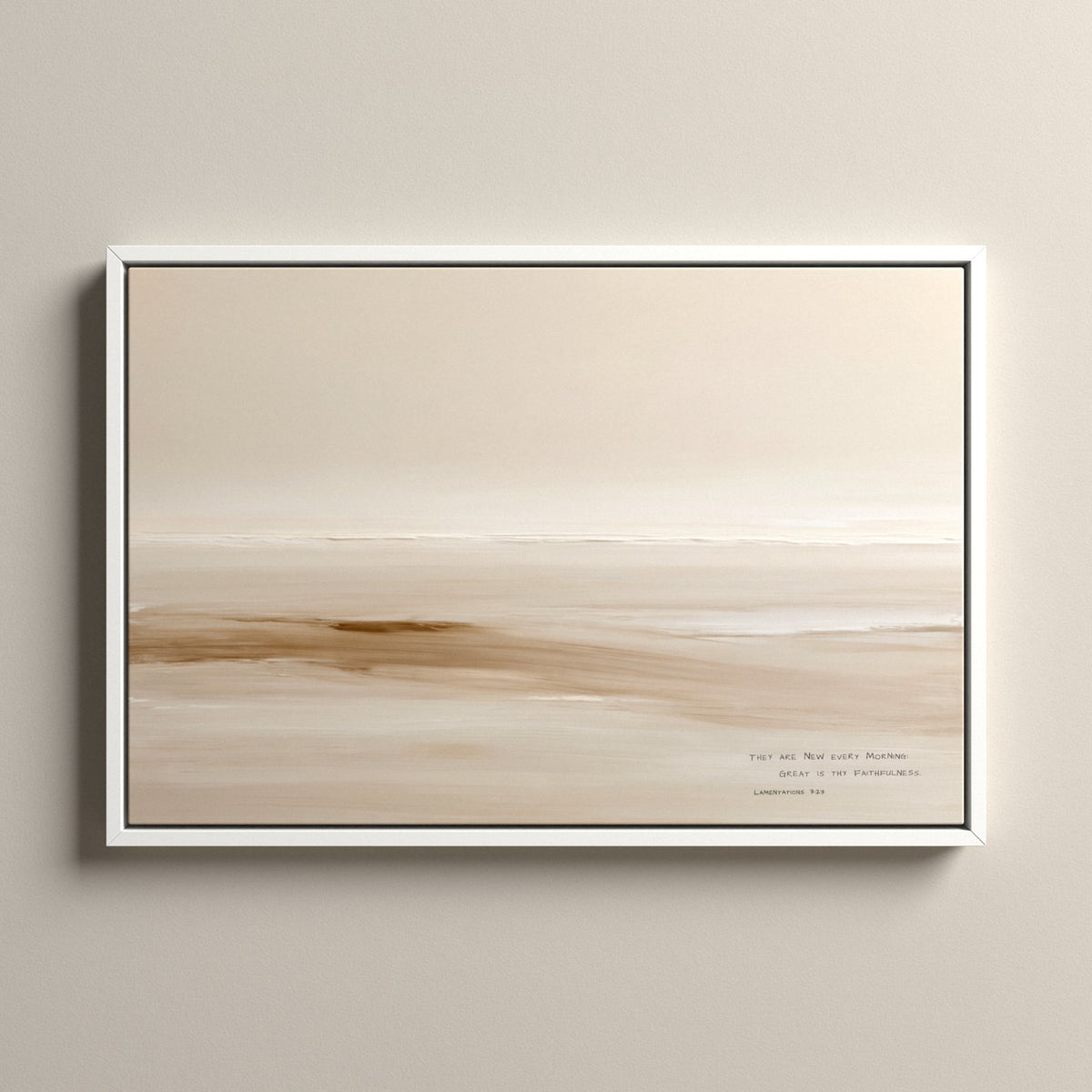 Sand, Lamentations 3:23 scripture canvas art in a white floating frame