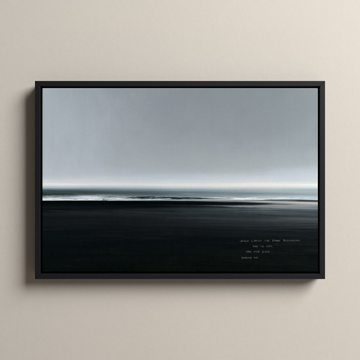Slate, Hebrews 13:8 scripture canvas art in a black floating frame