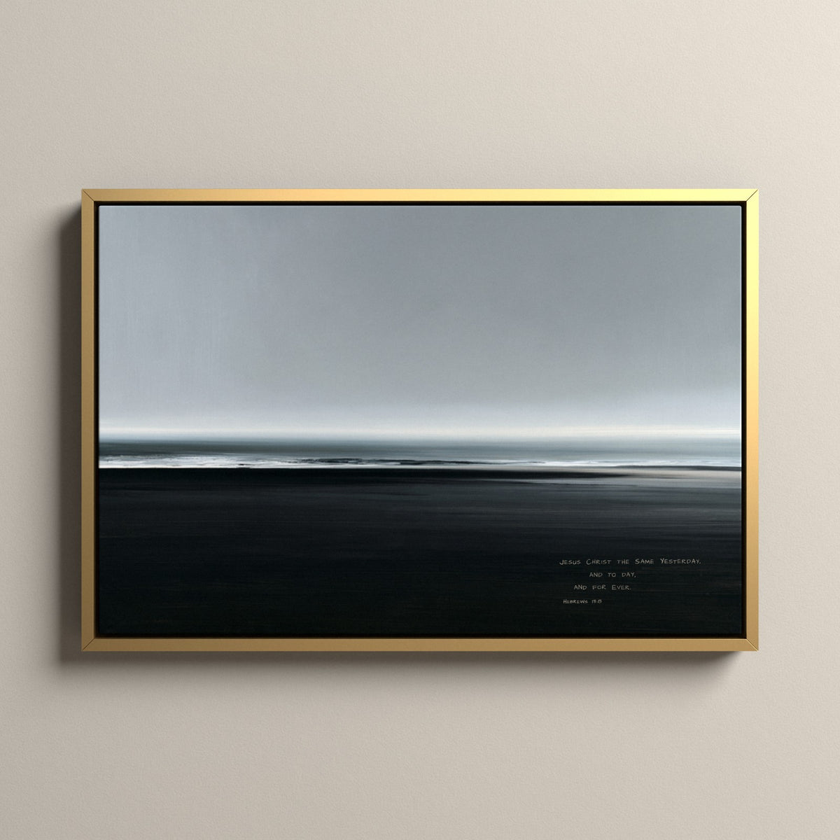 Slate, Hebrews 13:8 scripture canvas art in a gold floating frame