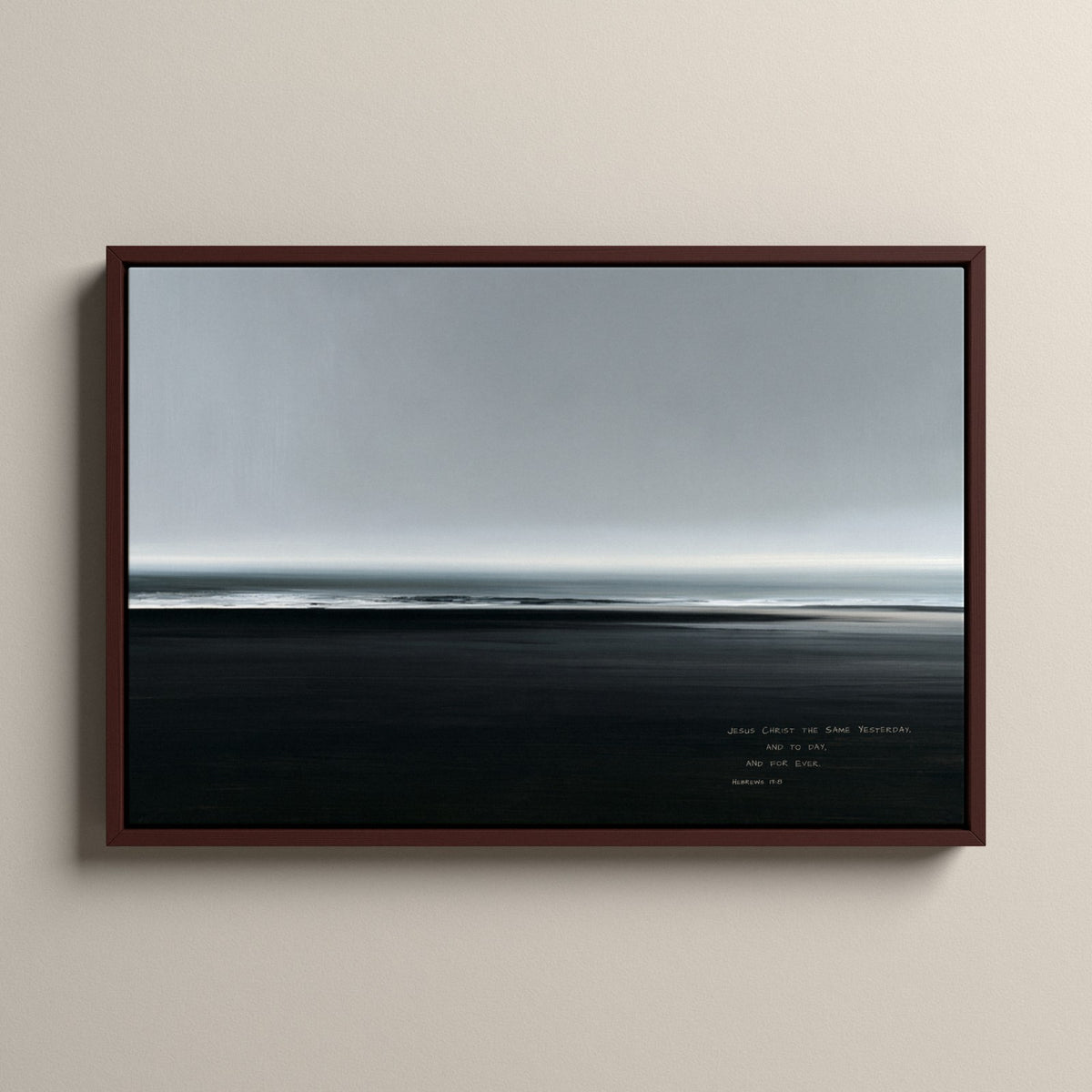 Slate, Hebrews 13:8 scripture canvas art in a walnut floating frame