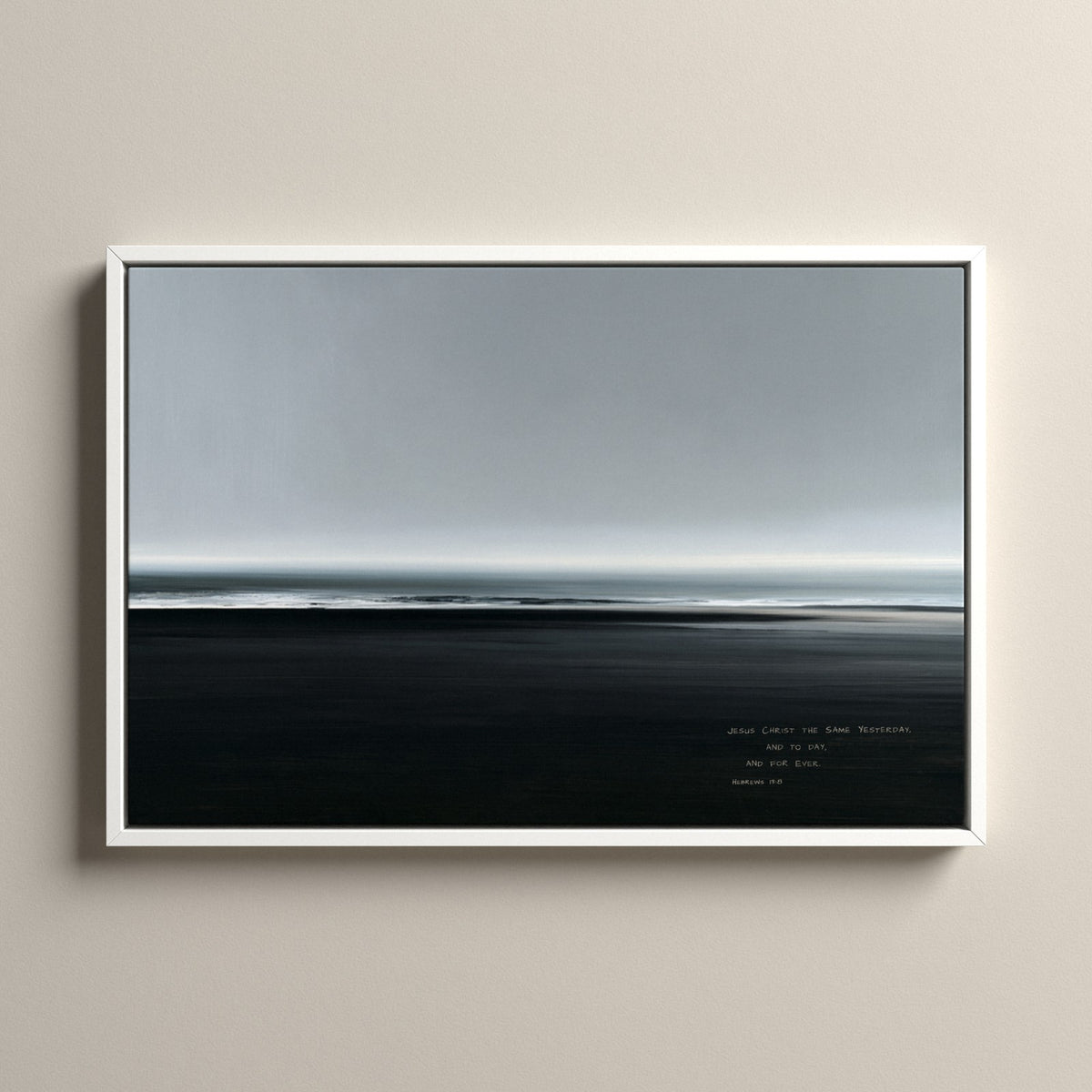 Slate, Hebrews 13:8 scripture canvas art in a white floating frame