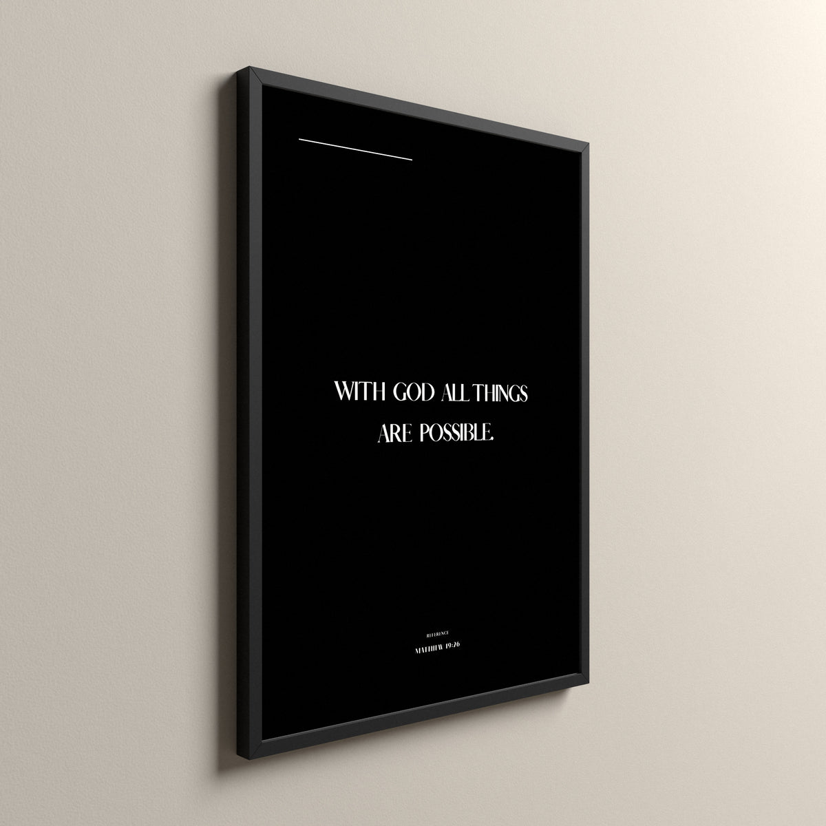 With God, Matthew 19:26, Pure Noir Scripture art print in a black frame