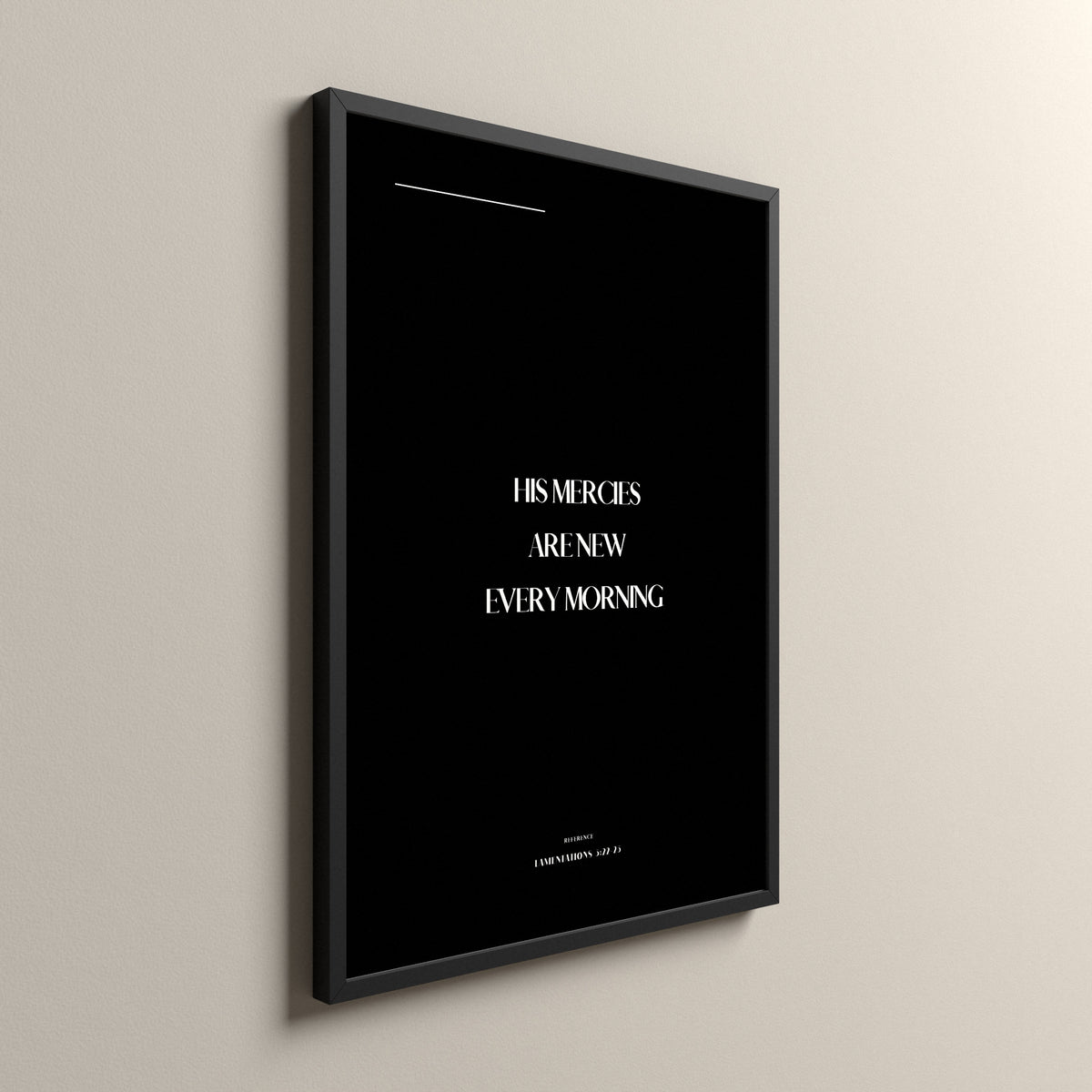 Good Morning, Lamentations 3:22-23, Pure Noir Scripture art print in a black frame
