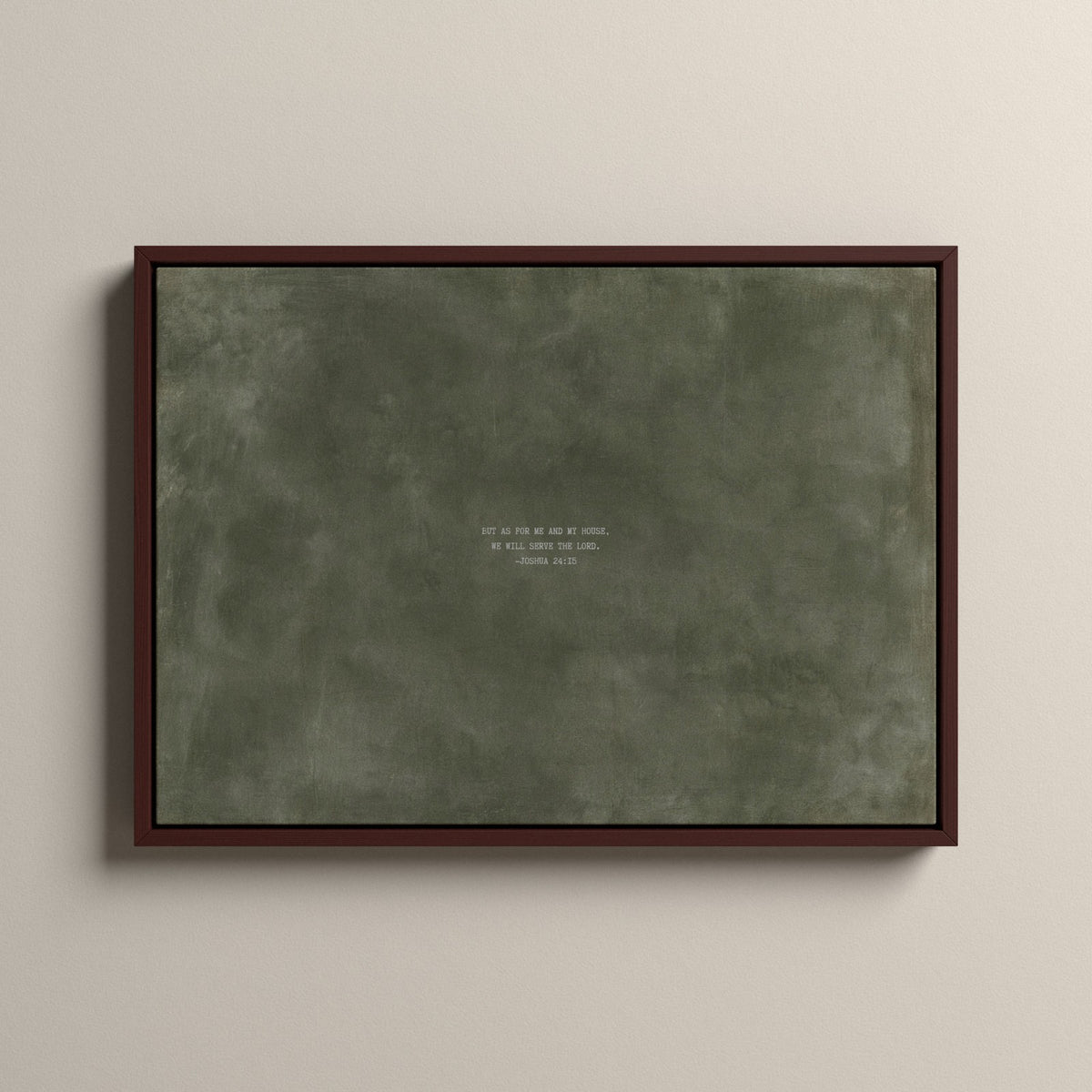 Army Green Scripture canvas with Joshua 24:15 in a walnut floating frame