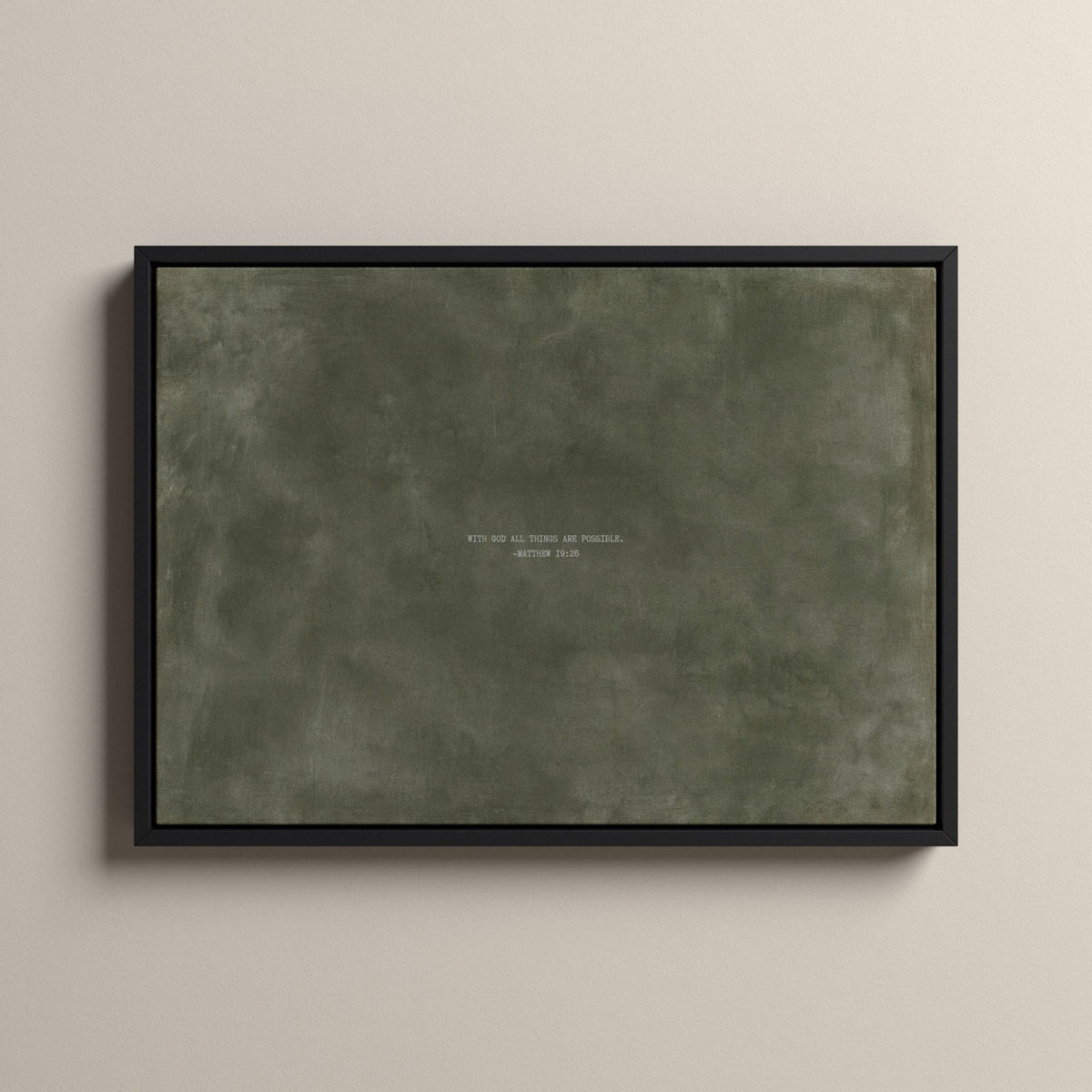 Army Green Scripture canvas with Matthew 19:26 in a black floating frame