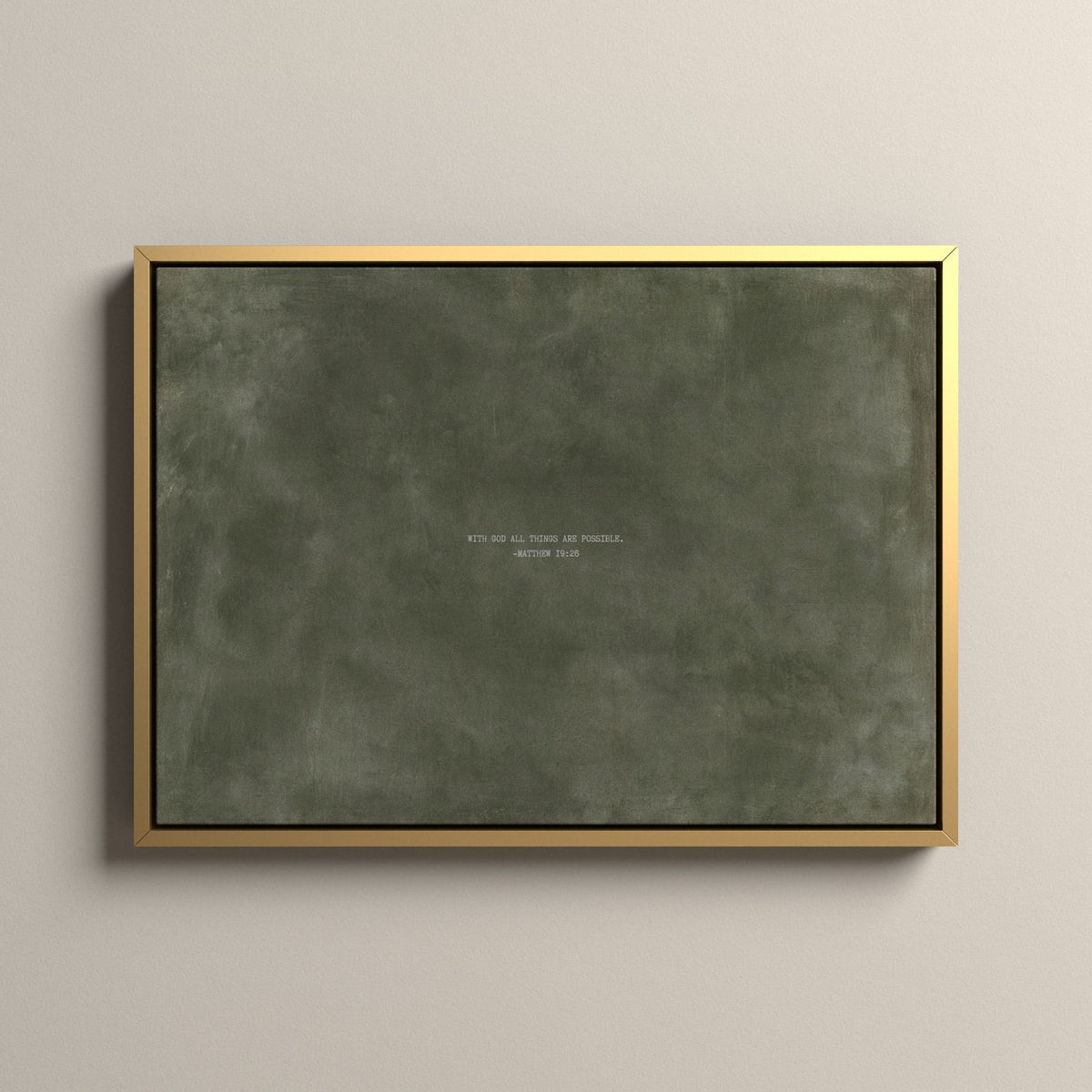 Army Green Scripture canvas with Matthew 19:26 in a gold floating frame