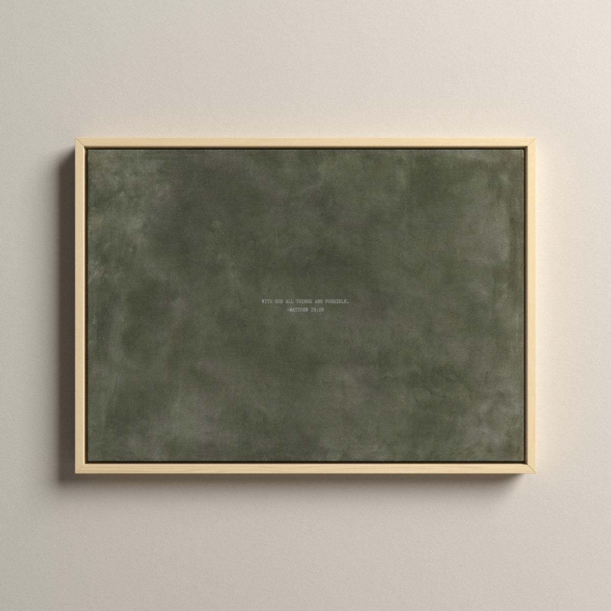 Army Green Scripture canvas with Matthew 19:26 in a natural floating frame