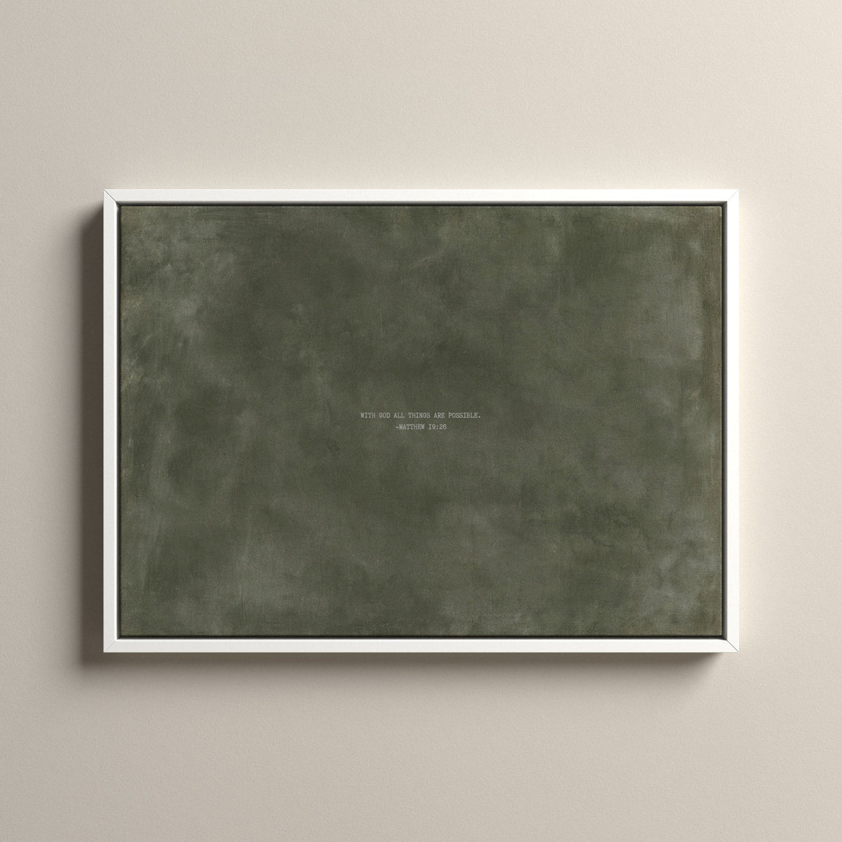 Army Green Scripture canvas with Matthew 19:26 in a white floating frame