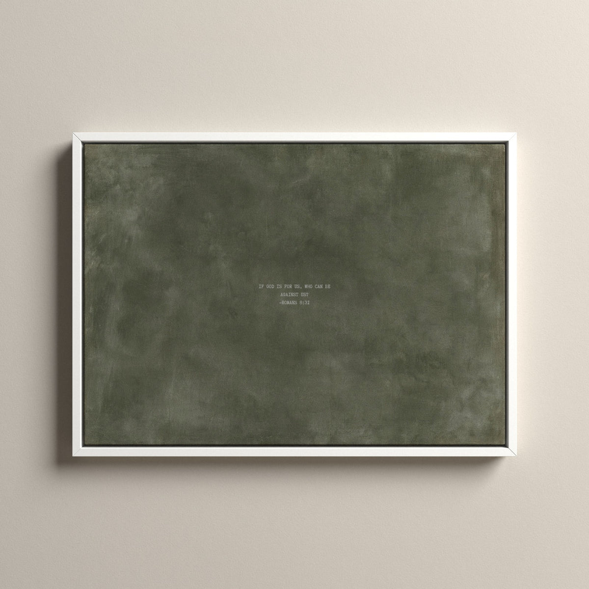 Army Green Scripture canvas with Romans 8:31 in a white floating frame