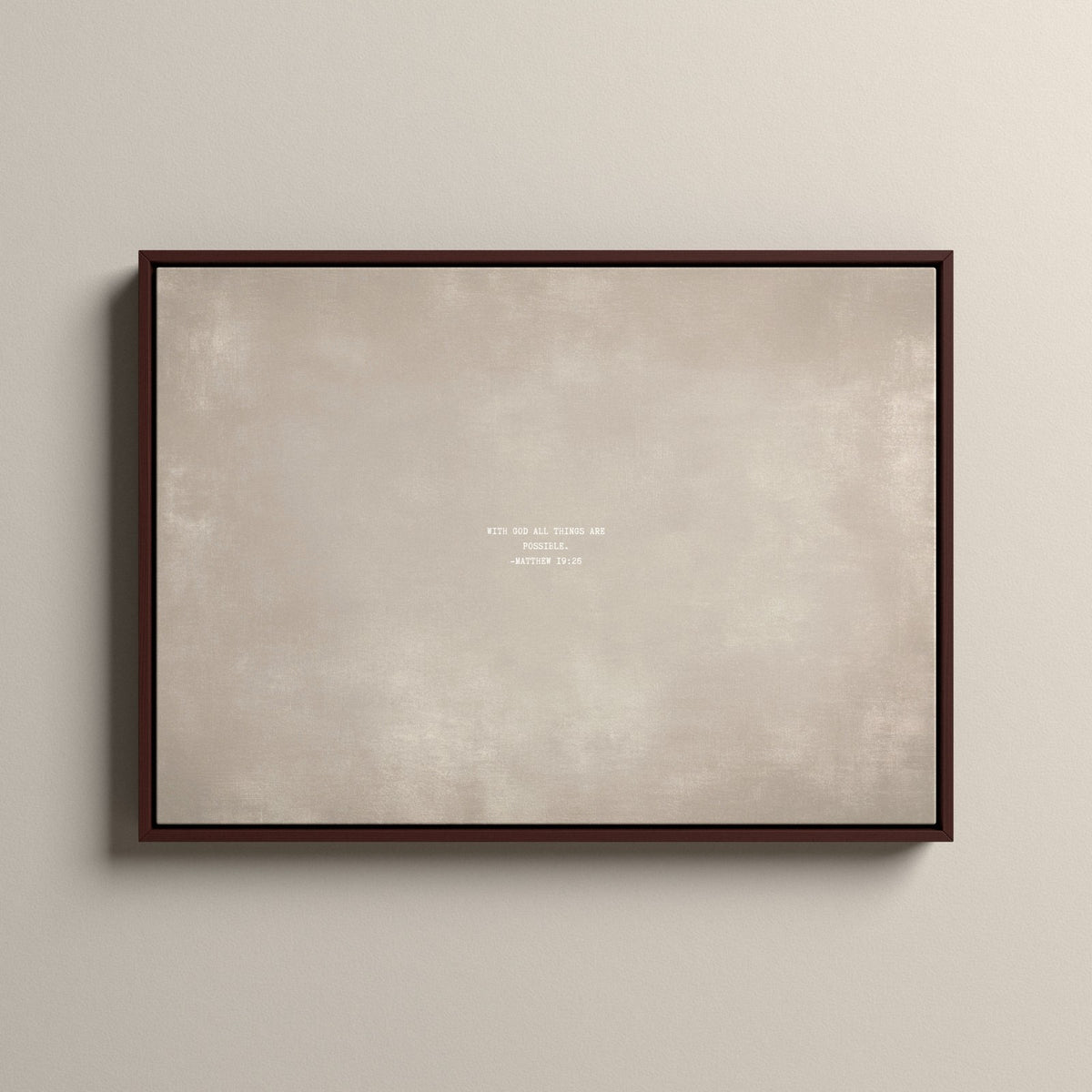 Cashmere Scripture canvas with Matthew 19:26 in a walnut floating frame
